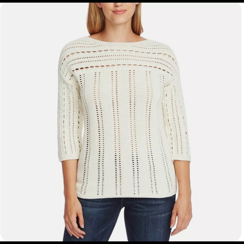 NWT Vince Camuto Pointelle Open Stitch Boatneck 100% Cotton Sweater Size…